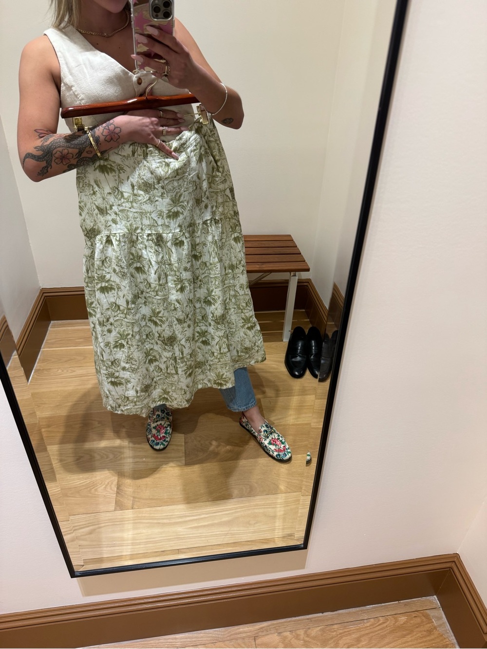 Rachel Zoe Olive Green and White Botanical Tiered Midi Skirt Chinoiserie Toile - Picture 5 of 5